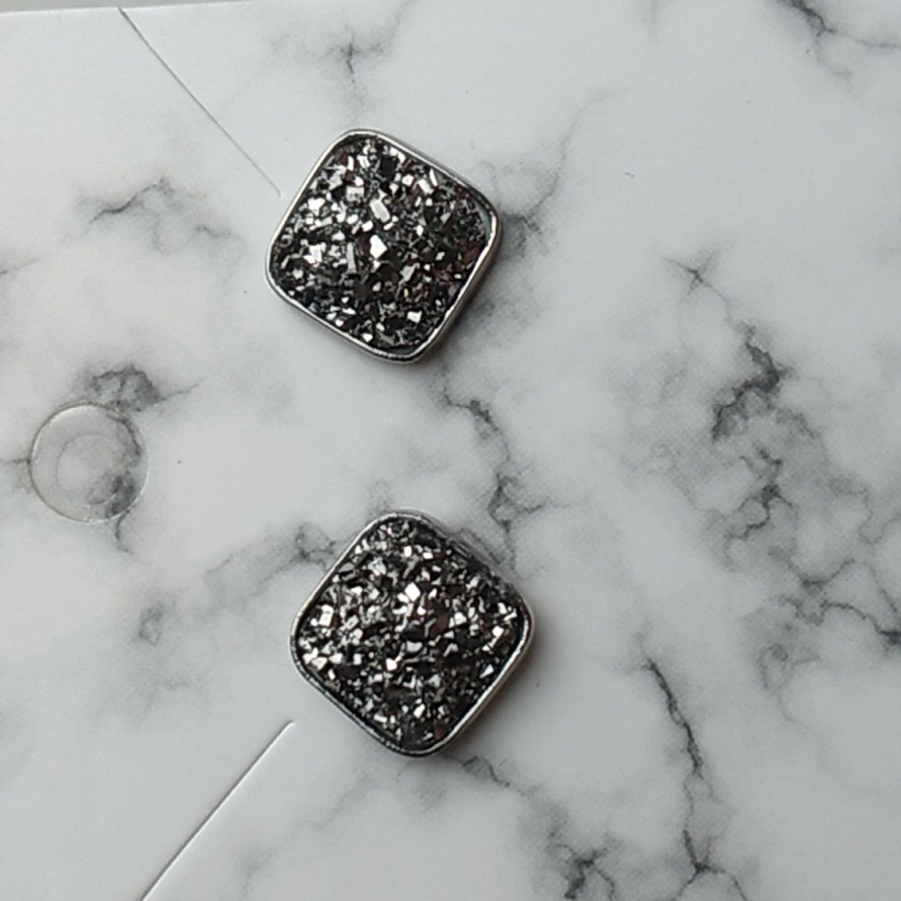 Stainless Steel Druzy Stud Earrings Square Shape Silver (10)